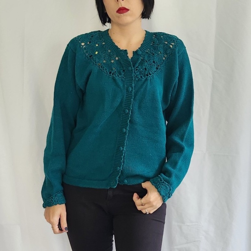 80s Teal‎ Cardigan with Crochet Neckline